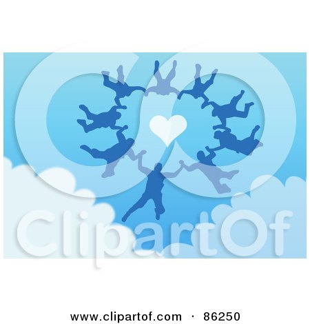 Royalty-Free (RF) Clipart Illustration of a Group Of Skydivers Free Falling Around A Heart In A Blue Sky by mayawizard101