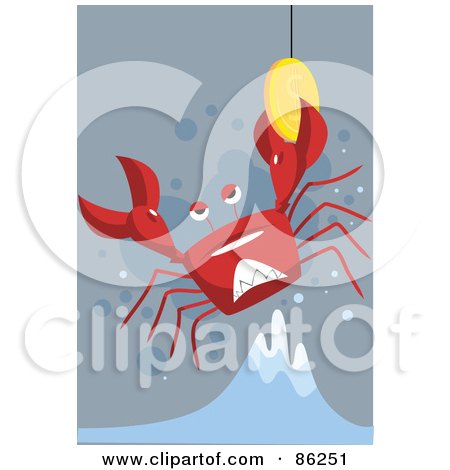Royalty-Free (RF) Clipart Illustration of a Crab Being Lifted Out Of Water, Holding Onto A Coin by mayawizard101