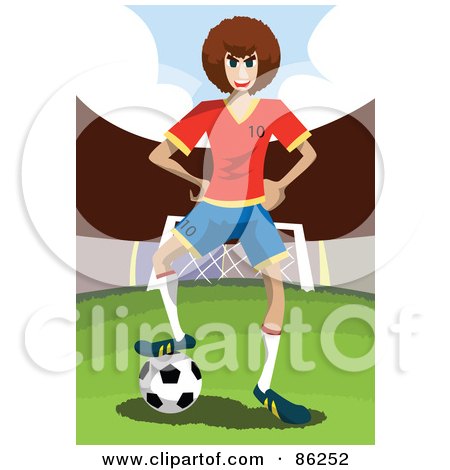 Royalty-Free (RF) Clipart Illustration of a Tough Soccer Player Resting His Foot On The Ball By A Goal by mayawizard101