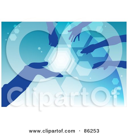 Royalty-Free (RF) Clipart Illustration of Silhouetted Blue Hands Over Blue by mayawizard101