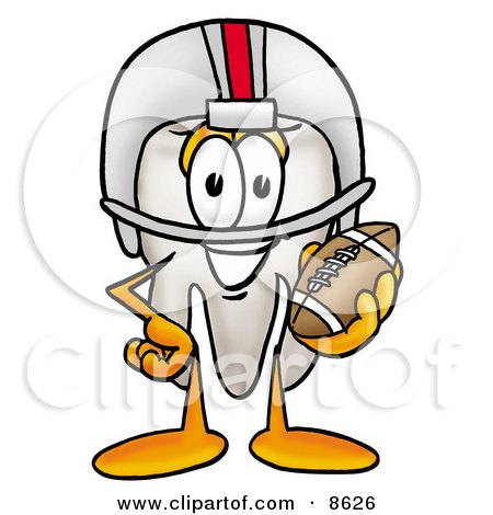 Clipart Picture of a Tooth Mascot Cartoon Character in a Helmet, Holding a Football by Mascot Junction