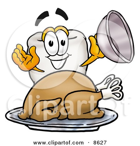 Clipart Picture of a Tooth Mascot Cartoon Character Serving a Thanksgiving Turkey on a Platter by Mascot Junction