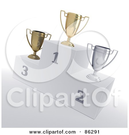 Royalty-Free (RF) Clipart Illustration of a Podium Of 3d First, Second And Third Place Trophy Cups by Mopic