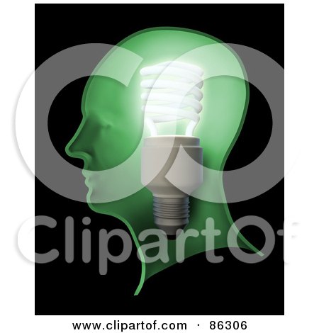 Royalty-Free (RF) Clipart Illustration of a Shining Lightbulb In A Green Human Head by Mopic