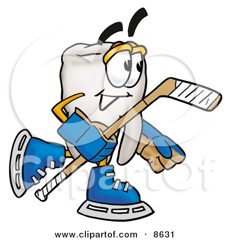 Clipart Picture of a Tooth Mascot Cartoon Character Playing Ice Hockey by Mascot Junction