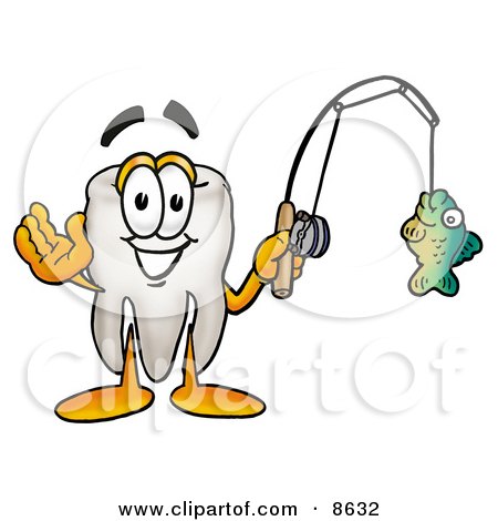 Clipart Picture of a Tooth Mascot Cartoon Character Holding a Fish on a Fishing Pole by Mascot Junction