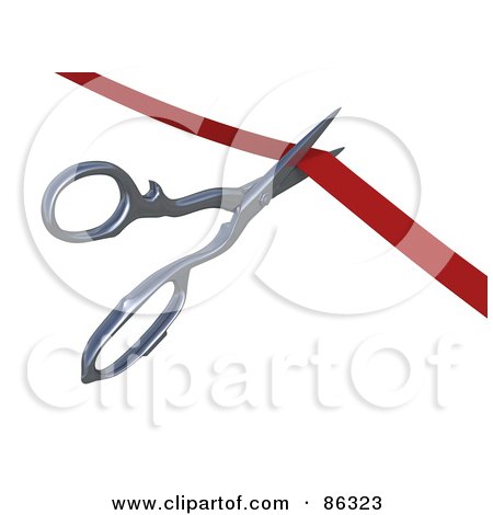 Royalty-Free (RF) Clipart Illustration of a Pair Of 3d Scissors Cutting A Red Ribbon by Mopic
