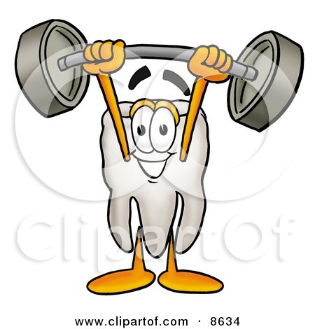 Clipart Picture of a Tooth Mascot Cartoon Character Holding a Heavy Barbell Above His Head by Mascot Junction