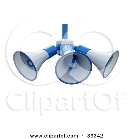 Royalty-Free (RF) Clipart Illustration of Blue And White 3d Megaphone Speakers Facing Different Directions by Mopic