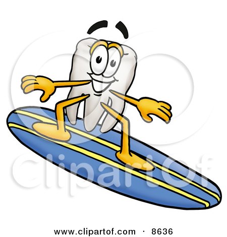 Clipart Picture of a Tooth Mascot Cartoon Character Surfing on a Blue and Yellow Surfboard by Mascot Junction