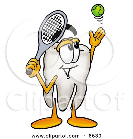 Clipart Picture of a Tooth Mascot Cartoon Character Preparing to Hit a Tennis Ball by Mascot Junction