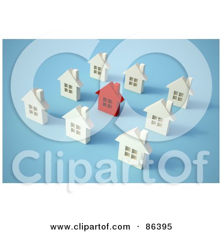 Royalty-Free (RF) Clipart Illustration of a Red Home Surrounded By White Houses In A Neighborhood by Mopic