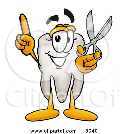 Clipart Picture of a Tooth Mascot Cartoon Character Holding a Pair of Scissors by Mascot Junction