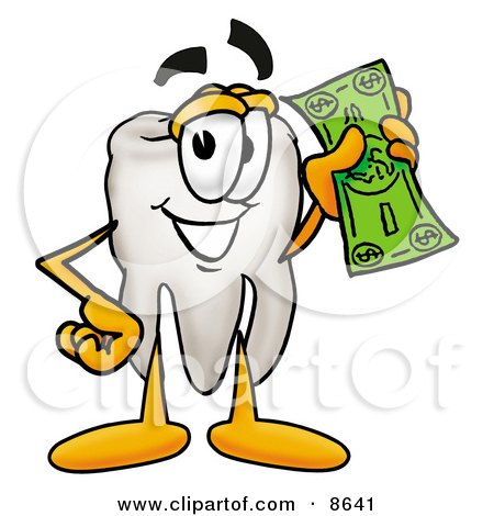 Clipart Picture of a Tooth Mascot Cartoon Character on a Dollar Bill by Mascot Junction