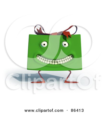 Royalty-Free (RF) Clipart Illustration of a Grinning Green Present With Feet And A Red Bow by Mopic