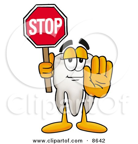Clipart Picture of a Tooth Mascot Cartoon Character Holding a Stop Sign by Mascot Junction