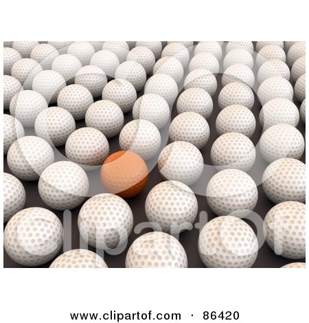 Royalty-Free (RF) Clipart Illustration of a 3d Orange Golf Ball In A Crowd Of White Balls by Mopic