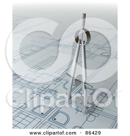 Royalty-Free (RF) Clipart Illustration of a 3d Compass On Blueprints by Mopic