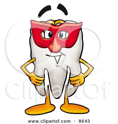 Clipart Picture of a Tooth Mascot Cartoon Character Wearing a Red Mask Over His Face by Mascot Junction