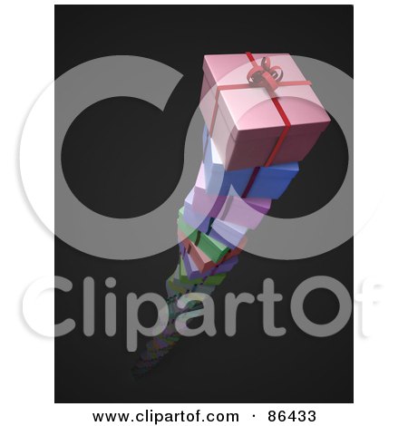 Royalty-Free (RF) Clipart Illustration of a Twisting Stack Of Colorful Presents Rising Out Of Black by Mopic
