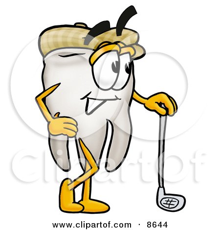 Clipart Picture of a Tooth Mascot Cartoon Character Leaning on a Golf Club While Golfing by Mascot Junction