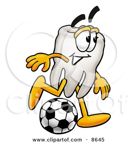 Clipart Picture of a Tooth Mascot Cartoon Character Kicking a Soccer Ball by Mascot Junction