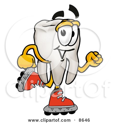 Clipart Picture of a Tooth Mascot Cartoon Character Roller Blading on Inline Skates by Mascot Junction