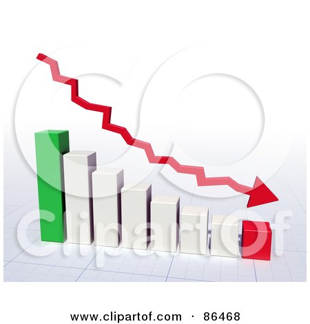Royalty-Free (RF) Clipart Illustration of a Red Loss Arrow Over A 3d Bar Graph by Mopic