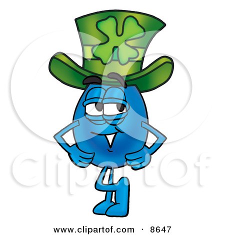 Clipart Picture of a Water Drop Mascot Cartoon Character Wearing a Saint Patricks Day Hat With a Clover on it by Mascot Junction
