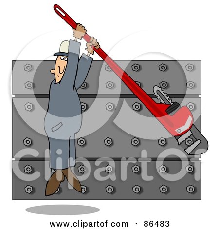 Royalty-Free (RF) Clip Art Illustration of a Worker Man Hanging From A Monkey Wrench While Tightening A Wall Of Nuts by djart