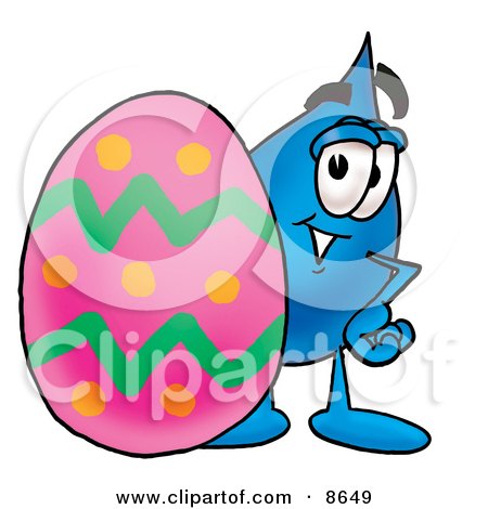 Clipart Picture of a Water Drop Mascot Cartoon Character Standing Beside an Easter Egg by Mascot Junction