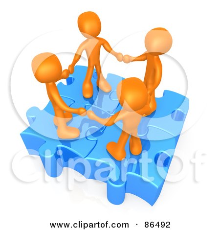 Four 3d Orange People Holding Hands On Linked Puzzle Pieces Posters, Art Prints