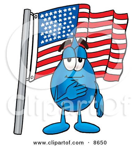 Clipart Picture of a Water Drop Mascot Cartoon Character Pledging Allegiance to an American Flag by Mascot Junction