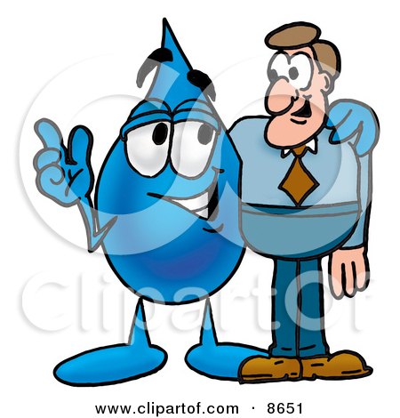 Clipart Picture of a Water Drop Mascot Cartoon Character Talking to a Business Man by Mascot Junction