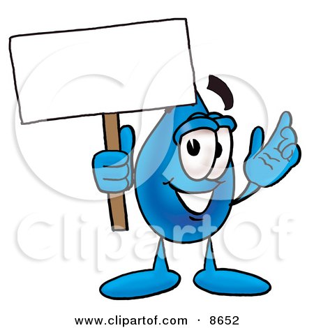 Clipart Picture of a Water Drop Mascot Cartoon Character Holding a Blank Sign by Mascot Junction