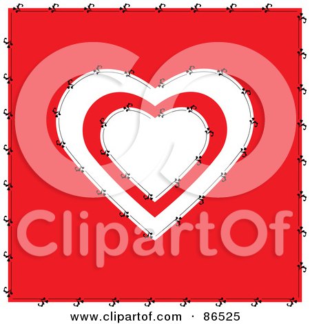 Royalty-Free (RF) Clipart Illustration of a Stitched Red And White Heart Over Red by Pams Clipart