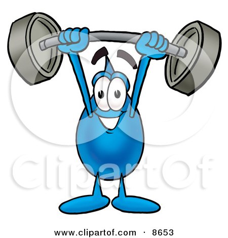 Clipart Picture of a Water Drop Mascot Cartoon Character Holding a Heavy Barbell Above His Head by Mascot Junction