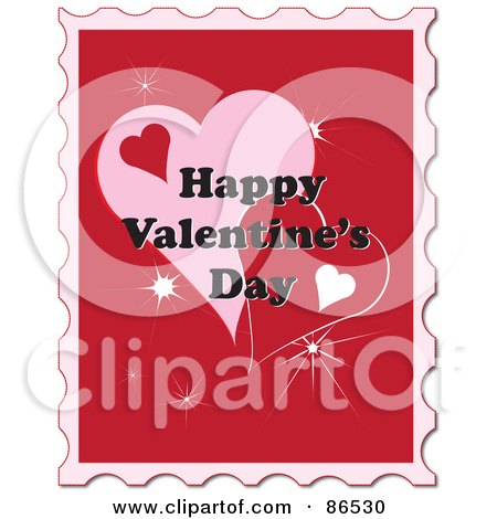 Royalty-Free (RF) Clipart Illustration of a Happy Valentine's Day Greeting Over Red, White And Pink Hearts On A Stamp by Pams Clipart