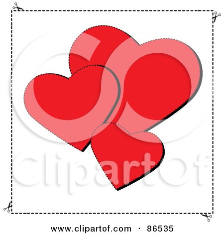 Royalty-Free (RF) Clipart Illustration of Three Red Sewn Valentine Hearts Over White by Pams Clipart