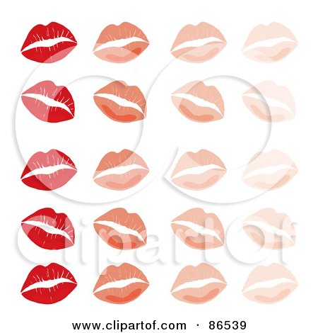 Royalty-Free (RF) Clipart Illustration of a Background Of Red And Pink Lipstick Kisses In Rows On White by Pams Clipart