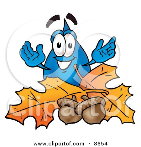 Clipart Picture of a Water Drop Mascot Cartoon Character With Autumn Leaves and Acorns in the Fall by Mascot Junction
