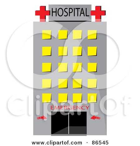 Royalty-Free (RF) Clipart Illustration of a Tall Gray Hospital With Yellow Windows by Pams Clipart