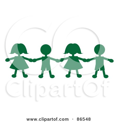 Royalty-Free (RF) Clipart Illustration of a Line Of Green Paper Doll Boys And Girls Holding Hands by Pams Clipart
