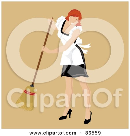 Royalty-Free (RF) Clipart Illustration of a Red Haired Caucasian Maid Smiling And Sweeping by Pams Clipart