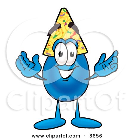 Clipart Picture of a Water Drop Mascot Cartoon Character Wearing a Birthday Party Hat by Mascot Junction