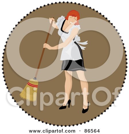 Royalty-Free (RF) Clipart Illustration of a Brown Circle Of A Red Haired Maid Sweeping by Pams Clipart