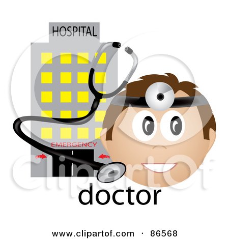 Royalty-Free (RF) Clipart Illustration of a Male Doctor With A Headlamp And Stethoscope, In Front Of A Hospital by Pams Clipart