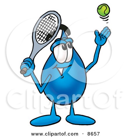 Clipart Picture of a Water Drop Mascot Cartoon Character Preparing to Hit a Tennis Ball by Mascot Junction
