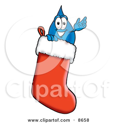 Clipart Picture of a Water Drop Mascot Cartoon Character Inside a Red Christmas Stocking by Mascot Junction