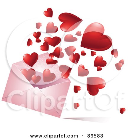 Royalty-Free (RF) Clipart Illustration of a Red Hearts Bouncing And Floating Out Of A Pink Envelope by Pushkin